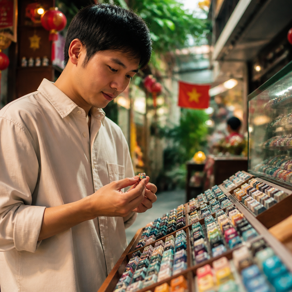 Một người đang xem xét các artisan keycap là gì tại một cửa hàng, với nhiều mẫu mã đa dạng trên kệ.