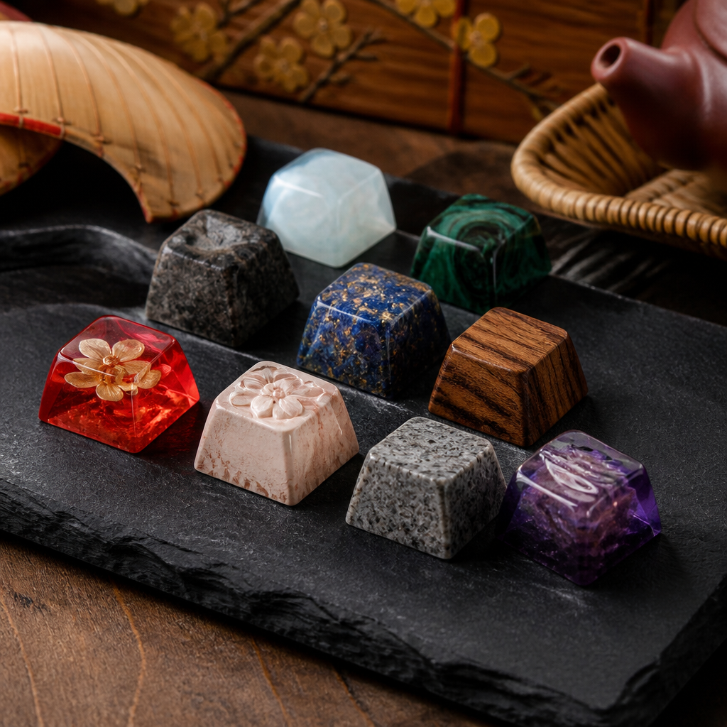 Bộ sưu tập artisan keycap là gì với nhiều chất liệu và hình dáng khác nhau, từ nhựa resin đến kim loại.